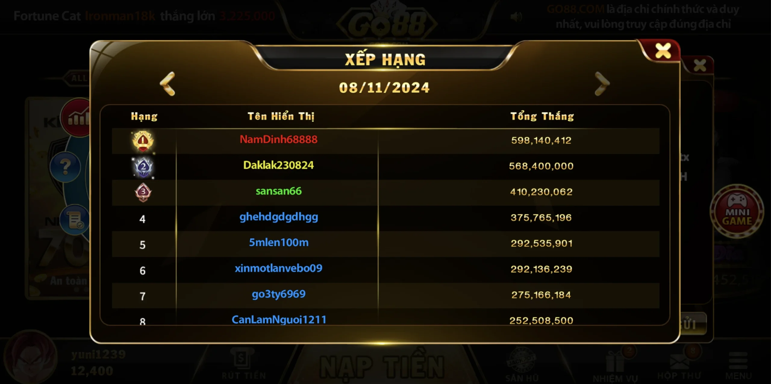 Chơi tài xỉu GO88 thắng lớn